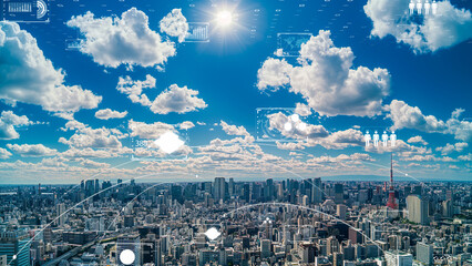 Futuristic smart city with digital data overlays in the sky, modern urban technology concept