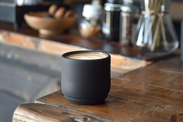 A sleek matte black ceramic coffee cup, with a subtle embossed pattern and a satisfyingly weighty feel in your hand.