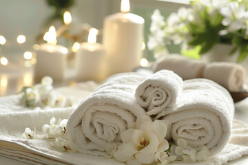 A table with candles, flowers, and towels. Scene is relaxing and calming