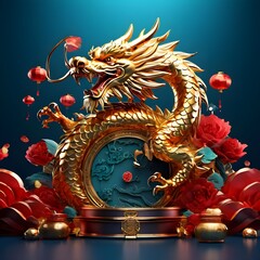 dragon 3d chines 2024 year gold new lunar-cny podium happy background red golden chines dragon, Ai Generated