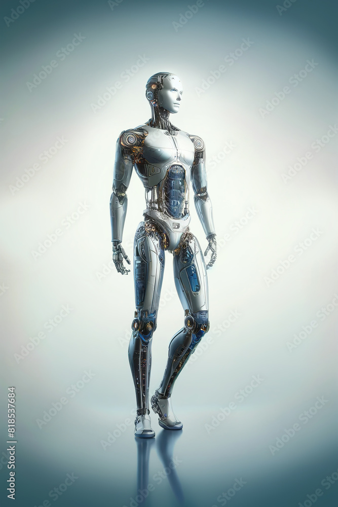 Poster android robot, pose 6. robot stands straight from slightly curved