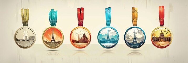 Fictional Olympic Games 2024 Parisian Medals with Eiffel Tower Design Gold, Silver, and Bronze