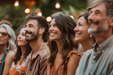 Obraz premium Friends and family gathered together in a backyard, celebrating a casual and intimate outdoor wedding ceremony