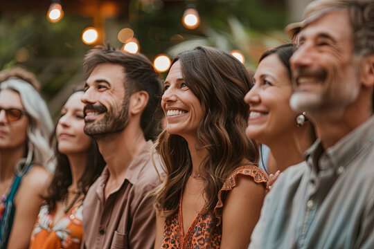 Friends and family gathered together in a backyard, celebrating a casual and intimate outdoor wedding ceremony