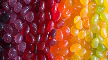 A bunch of colorful jelly beans are spread out in a rainbow pattern