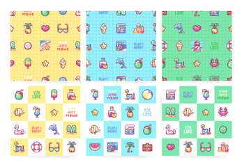 Pixel Art Summer Beach Pattern Pack. 8 bit Vacation and Sea Elements on Cute Background Textures Set.