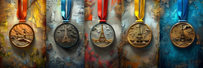 Fictional Olympic Games 2024 Parisian Medals with Eiffel Tower Design Gold, Silver, and Bronze