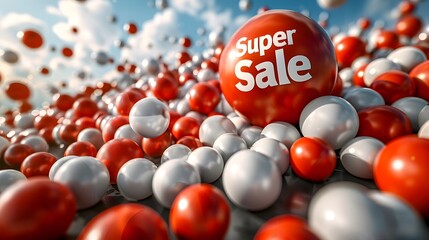 Obraz premium Super Sale Promotion Discount Banner Template with Red Sphere on White Background