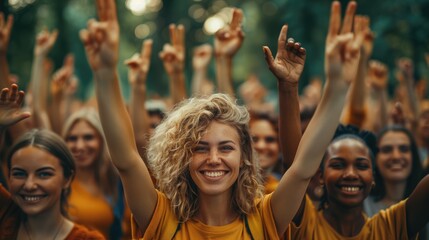 A group of diverse and happy people of all ages and ethnicities are raising their hands in the air and smiling. They are wearing casual clothes and are in a park or other outdoor setting. The image is - Powered by Adobe