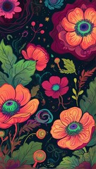 night orange bloom flowers illustration, vibrant floral artwork, night flower meadow, big blossom flowers portrait, dreamy night flowers, flower pattern, botanical flower plant