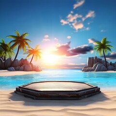 Beach podium summer background sand product 3D sea display platform. Beach podium summer banner stand scene sale sky holiday vacation stage, Ai Generated