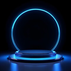 background podium 3d light neon blue platform stage product abstract scene background, Ai Generated