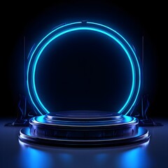 background podium 3d light neon blue platform stage product abstract scene background, Ai Generated