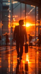 Businessman with Briefcase Walking in Sunset Reflected City Scene