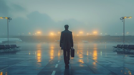 Lone Businessman Navigating the Foggy Airport Terminal