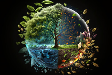 Illustration of a tree representing four seasons and elements, showcasing the cycle of life and nature's diversity with vivid detail