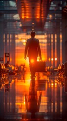 Obraz premium Lone Businessman Strolling Through Illuminated Airport Corridor at Dawn