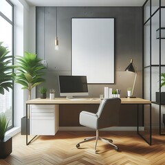 A computer on a desk in a work room space  with a mockup poster empty white and with plants meaning used for printing realistic meaning.