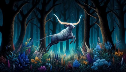 Naklejka premium A fantasy Texas Longhorn with glowing, intricate antlers leaping gracefully in a magical forest