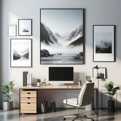 A desk with a computer and a chair in front of a wall with pictures used for printing realistic print design.