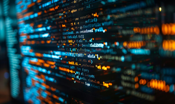 Closeup View of Code on Computer Monitor in Dark Room, Highlighting Software Development and Programming Themes