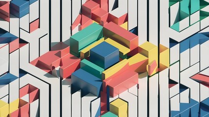 Colorful geometric blocks create a vibrant abstract pattern