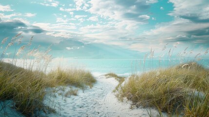 Enchanted turquoise beach, meandering sandy trail, soft ethereal light, azure sky above, peaceful...