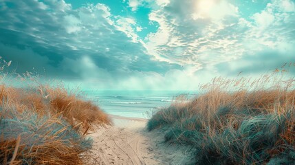 Enchanted turquoise beach, meandering sandy trail, soft ethereal light, azure sky above, peaceful...