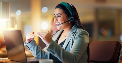 Happy woman, call center and communication at night in office for customer service, lead generation...