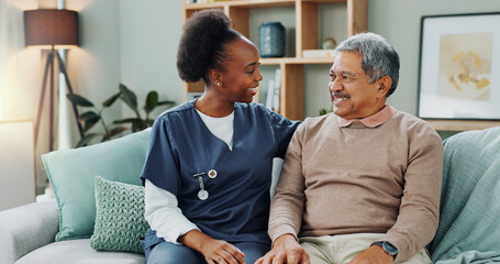 Senior, man and caregiver with smile in nursing home for healthcare support, medical help or trust...