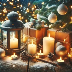 A magical winter adorned with a shining lantern, gifts, and holiday embellishments.