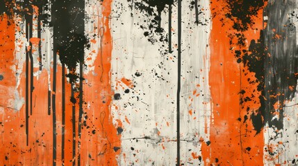 Distressed grunge texture blending orange streaks, white patches, and black ink drips, ideal for a raw, urban feel