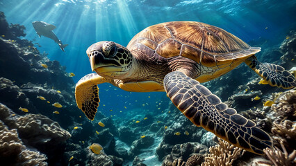 Sea Turtle Resting Among Colorful Coral Formations Imagine a cinematic underwater image of a sea turtle resting peacefully among colorful coral formations