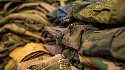 Detailed image of a mound of neatly folded army fatigues, diverse camouflage patterns, sharp focus on fabric details