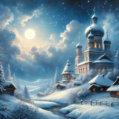 Scene a snowy night with a serene church overlooking a gently flowing stream.