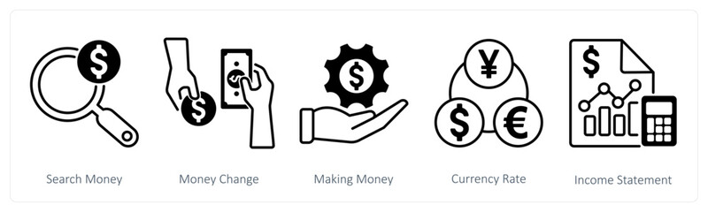 A set of 5 Banking icons as search money, money change, making money
