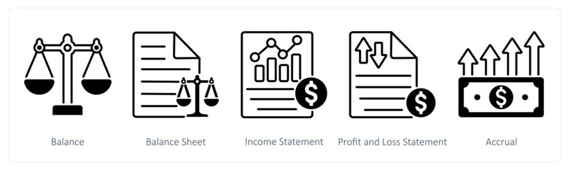 A set of 5 Banking icons as balance, balance sheet, income statement