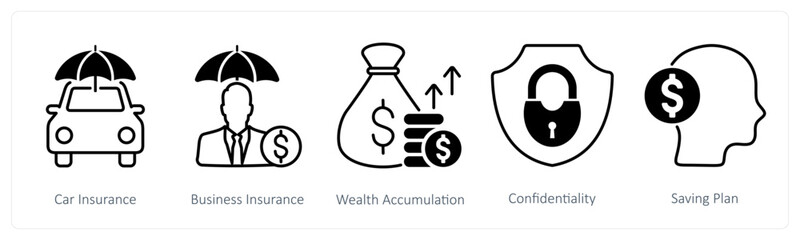 A set of 5 Banking icons as car insurance, business insurance, wealth accumulation