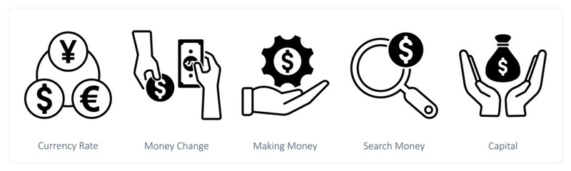 A set of 5 Banking icons as currency rate, money change, money making