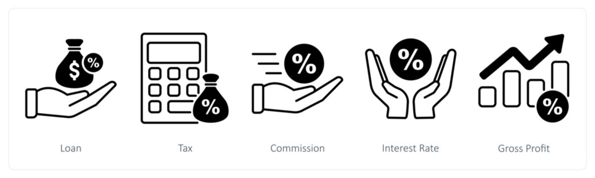 A set of 5 Banking icons as loan, tax, commission