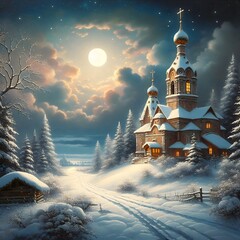 Painting of a church in a snowy landscape with a full moon.