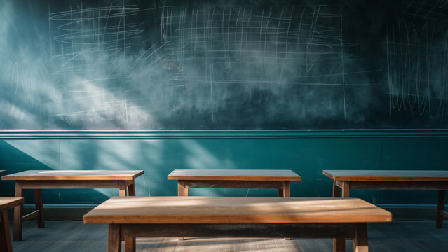 Leeres Klassenzimmer mit leeren Holzb&auml;nken und alter Tafel mit Lichteinfall, Konzept f&uuml;r Back to School und Bildung