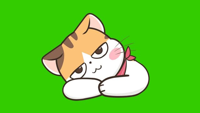 Animated Smiling Cat Lying Down - Green Screen