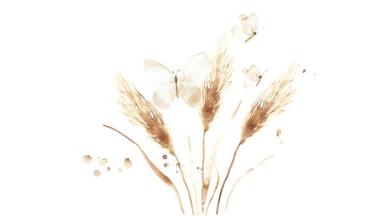 Fototapeta premium Minimalist Watercolor of Wheat and Butterflies on White Background