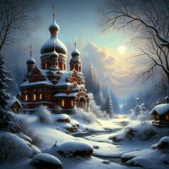 Striking painting of a church in a snowy scenery with the full moon casting its glow.