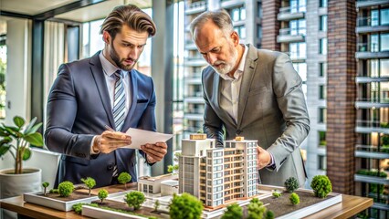 Real Estate Financial Planning: A real estate developer discussing project financing with an architect over plans and models, focusing on investment and development strategies.
