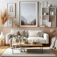 A living Room with a mockup poster empty white and with a couch and coffee table art image attractive.