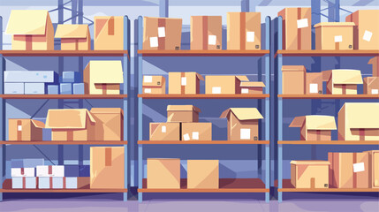 Boxes cardboard packages on shelf in warehouse. Goods