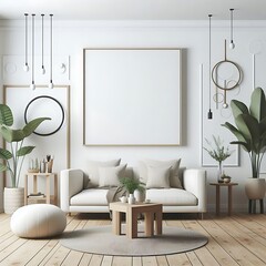 A living Room with a mockup poster empty white and with a couch and plants art color used for printing.