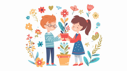 Boy presenting flower in pot to girl. Kids friends ch